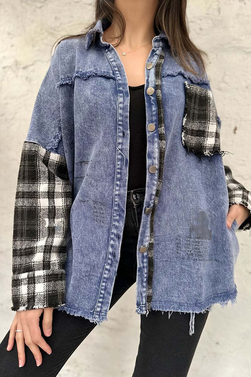 Women's casual plaid patchwork denim jacket