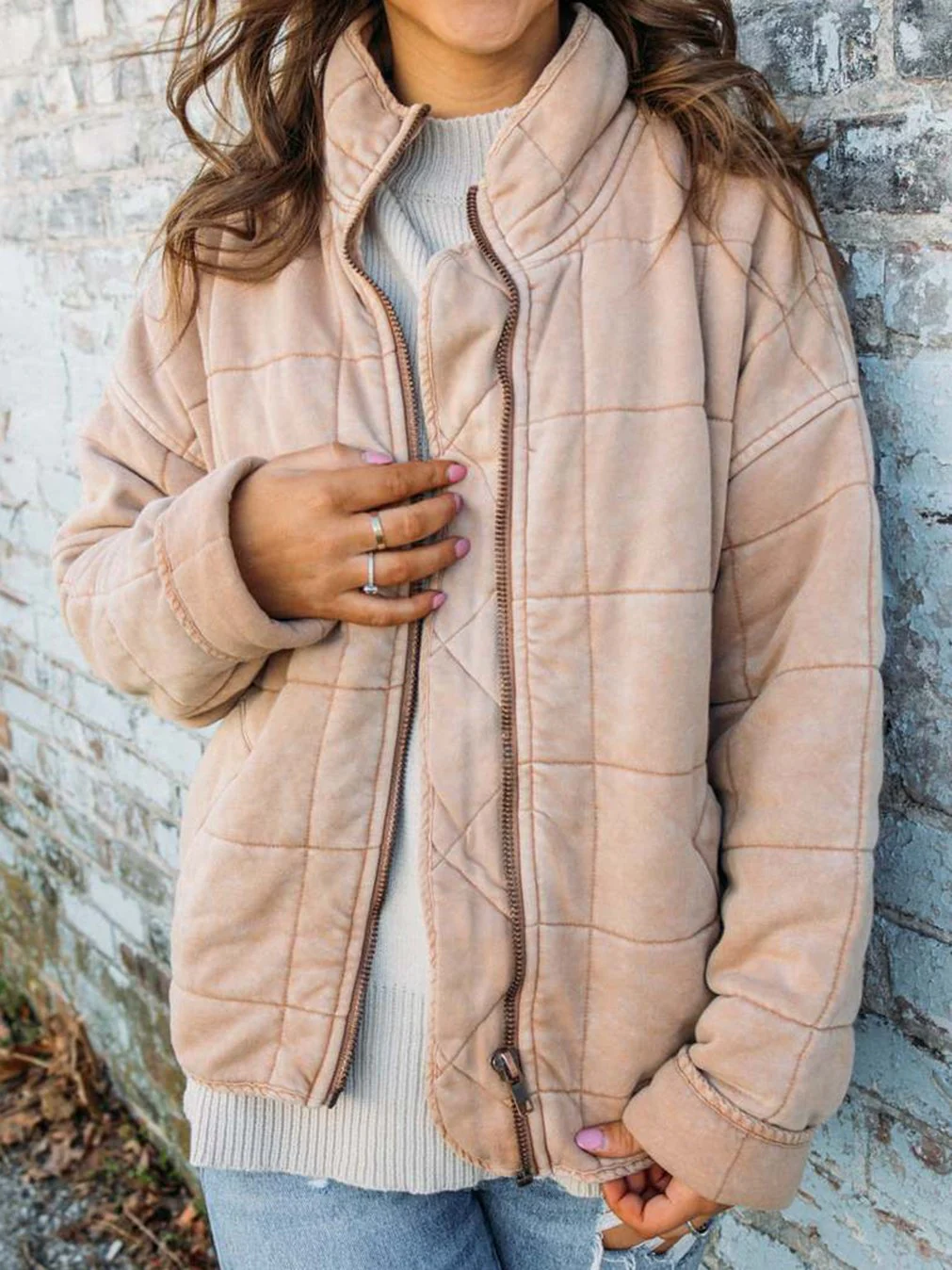 Women's Loose Solid Color Stand Collar Jacket